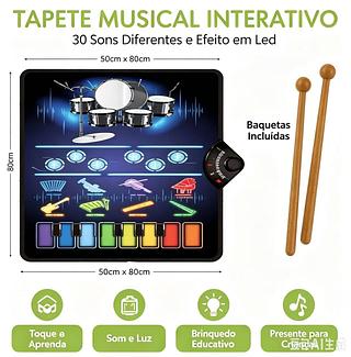 Tapete Musical Interativo Infantil 30 Sons com Led e Baquetas